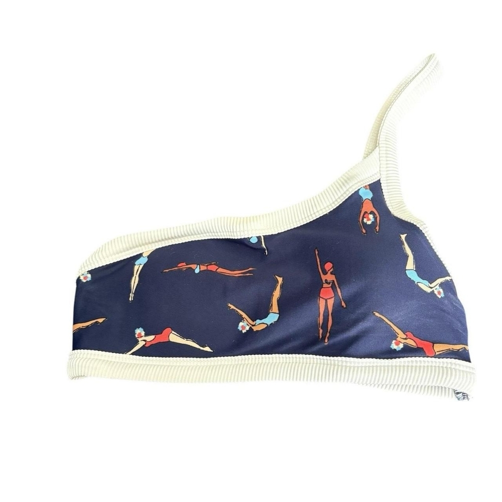 Aerie One Shoulder Swim Bikini Top Navy Swimmer Print Size XS Built-in Cups
